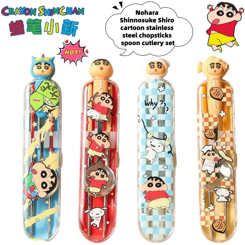 Crayon Shin-chan Nohara Shinnosuke Shiro, vajilla de dibujos animados, palillos y cuchara de acero inoxidable con diseño creativo de animación