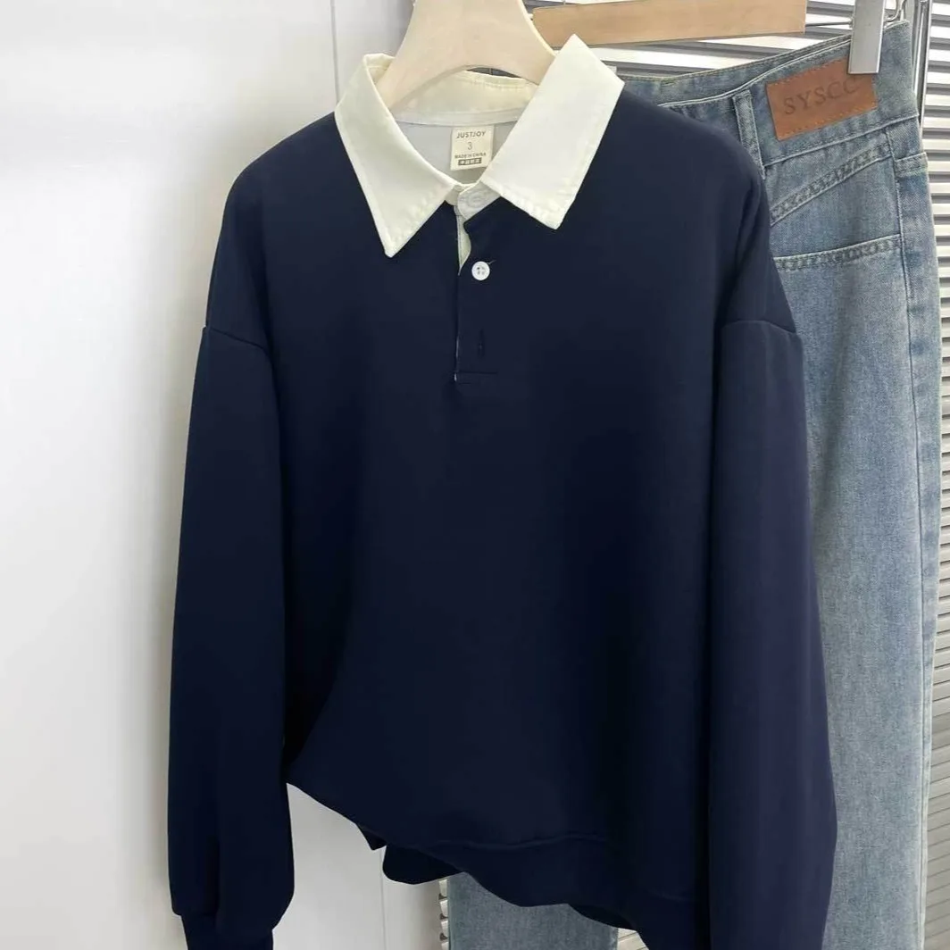 

Женская толстовка с лацканами контрастного цвета, весенне-осенняя повседневная модная свободная рубашка-пуловер, топы в американском ретро-стиле бойфренда