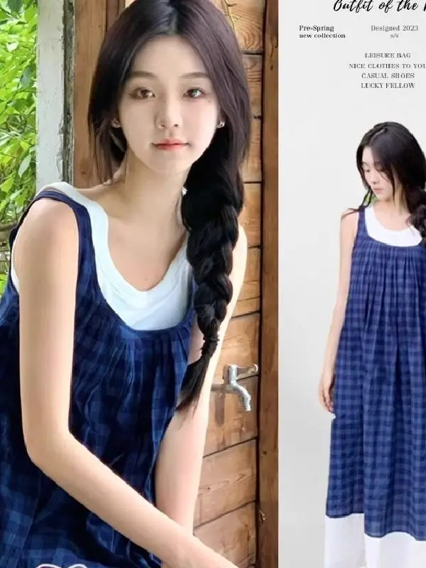 Blue Plaid Sleeveless Dress Artistic Forest System Retro Vacation Vest Long Dress Elegant Splice Loose Waist Soft Medium