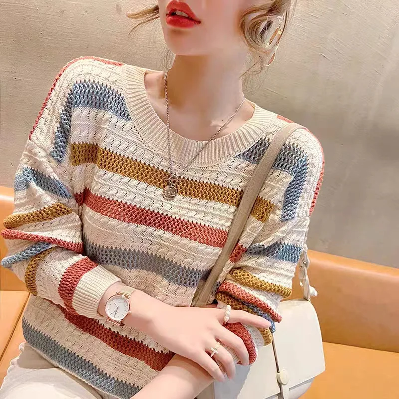 

Colorblock Stripe Knit Sweater | Women's 2025 Fall Batwing Sleeve Top | Open-Knit Casual Pullover