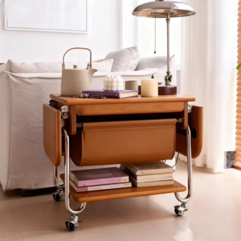 Retro Textured Furniture Living Room Flexible Mobile Side Table Practical Storage Boxwood & Stainless Steel Side Table