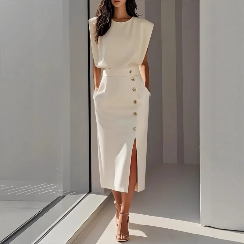 Elegant Commuting Ladies's Dress 2026 Round-neck Sleeveless Slim Waist Dresses Button Split Solid color Women's Office Clothing