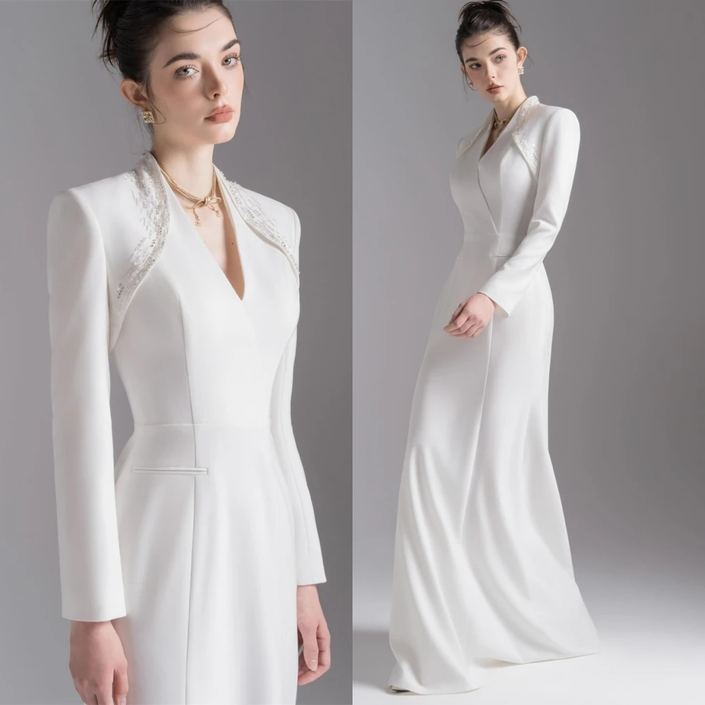 

Customized Delicate V-Neck Evening Dress Elegant Jersey Long Sleeves Prom Dresses Modern Sweep Train Homecoming Dress