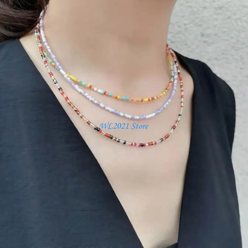 

G5GC Colorful Handmade Beaded Necklace Adjustable Length Designed Bohemian Neck Jewelry Short Clavicle Chain Chokers