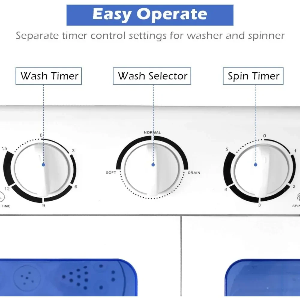 Portable Mini Compact Twin Tub Washing Machine, Semi-Automation 20lbs Washer Spain Spinner Portable Washing Machine, Blue+ White