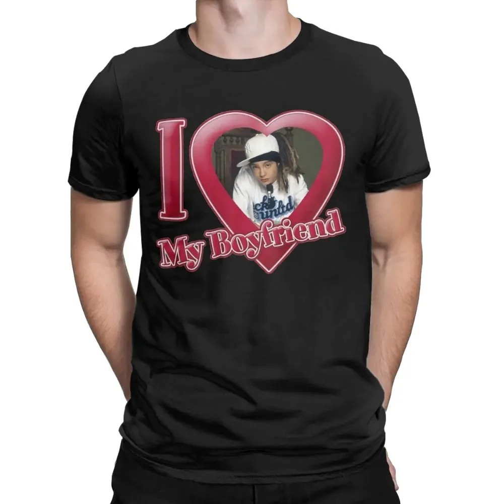 T-shirt manches courtes col rond homme, humoristique et vintage, I LOVE MY BOYFRIEND TOM ageulitz, avec musique, Tokio Hotel, cadeau d'urgence