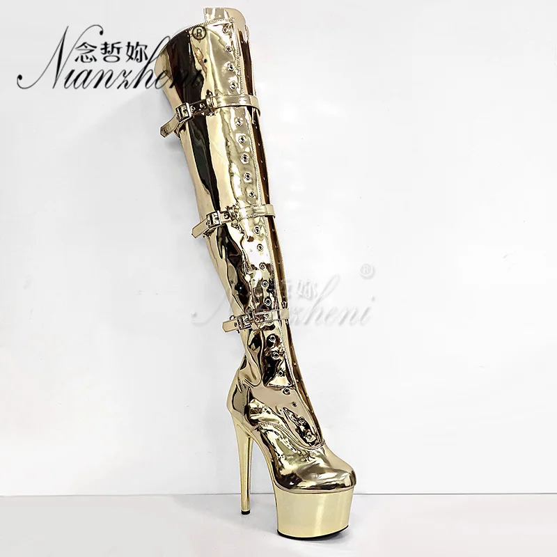 

Motorcycle Gold Platform Over The Knee Boots 17cm Sexy Fetish Shoes Buckle High Heels 7inches Stripper Pole Dance Exotic Gothic