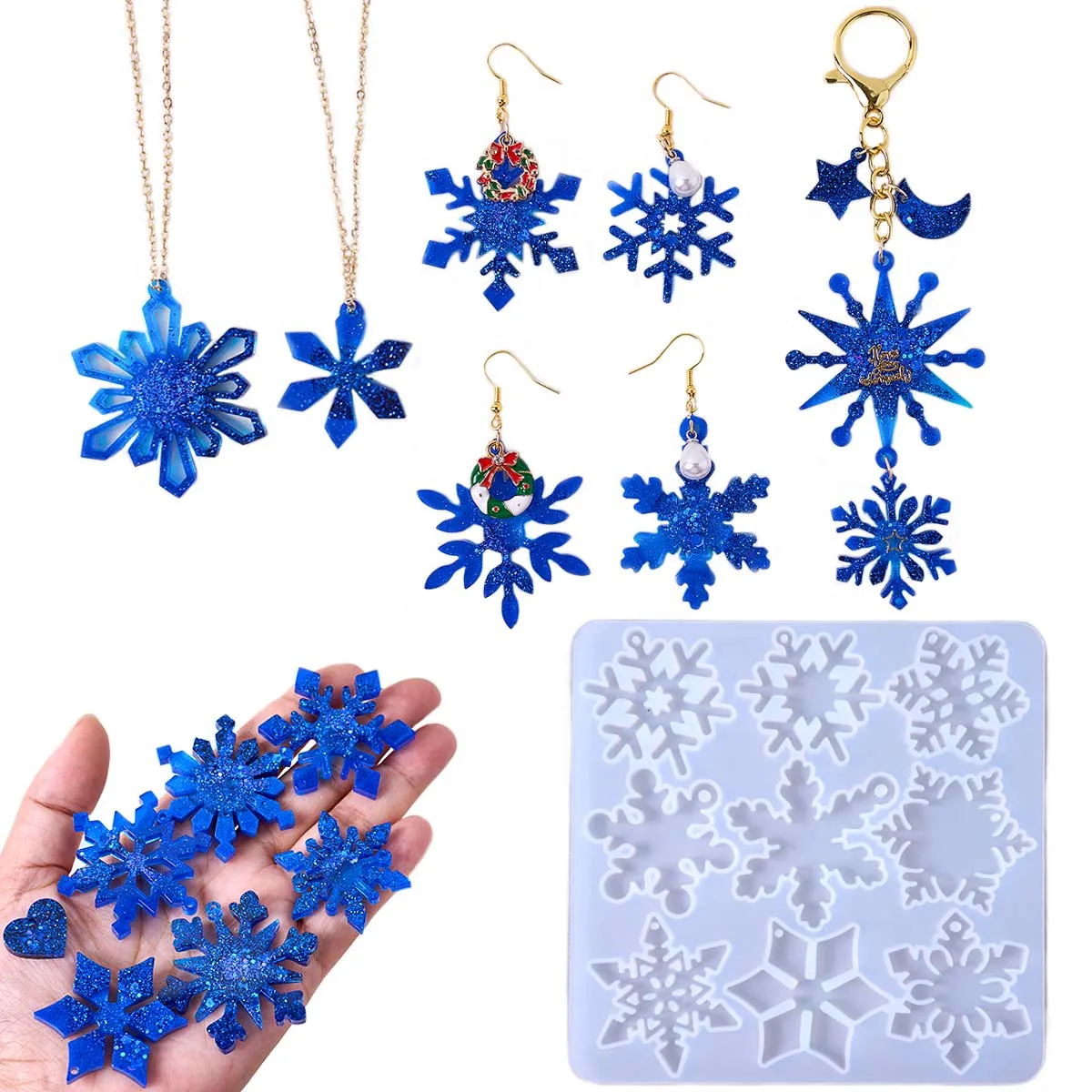 Serie de copos de nieve pendiente colgante molde de silicona DIY Moldes de resina epoxi llavero collar joyería artesanía hacer adornos de Navidad