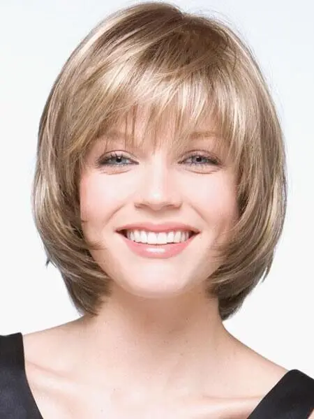 Real  Hair Light Blond Short Layered Mit Bangs Women's Natural Wig 8 Inch