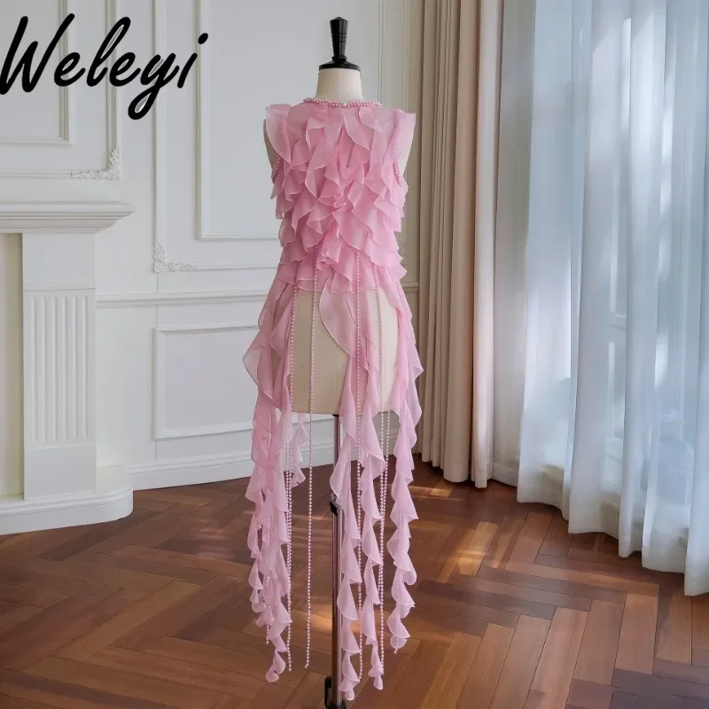 Sweet Fairy Lotus Leaf Edge Irregular Fringed Shirts Summer New French Pink Ruffle Edge Sleeveless Pearl Chiffon Blouses Tops