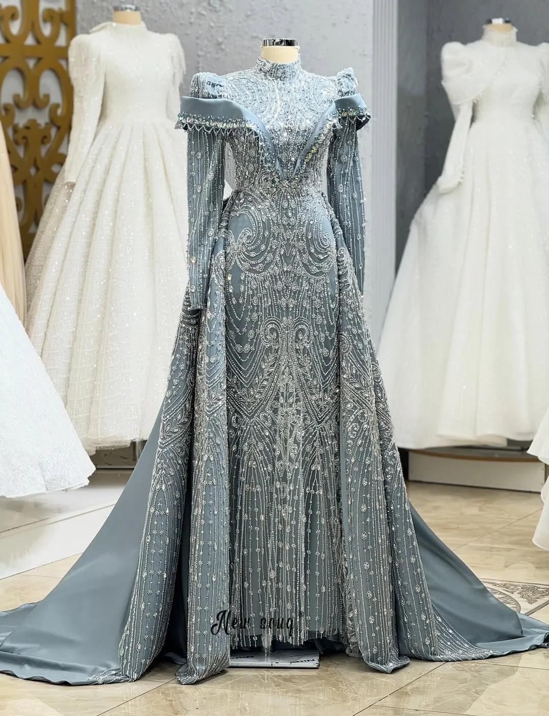 Muslim Women Dusty Blue Evening Dress With Detachable Train 2026 Straight Beading Wedding Guest Gown Long Sleeve Robe Customized