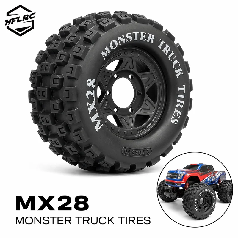 HFLRC MX28 1/16 RC Monster Truck Tires Wheels 12mm Hex All Terrain Deep Tread Rubber Tires Rims 4PCS for Mini Maxx Upgrade