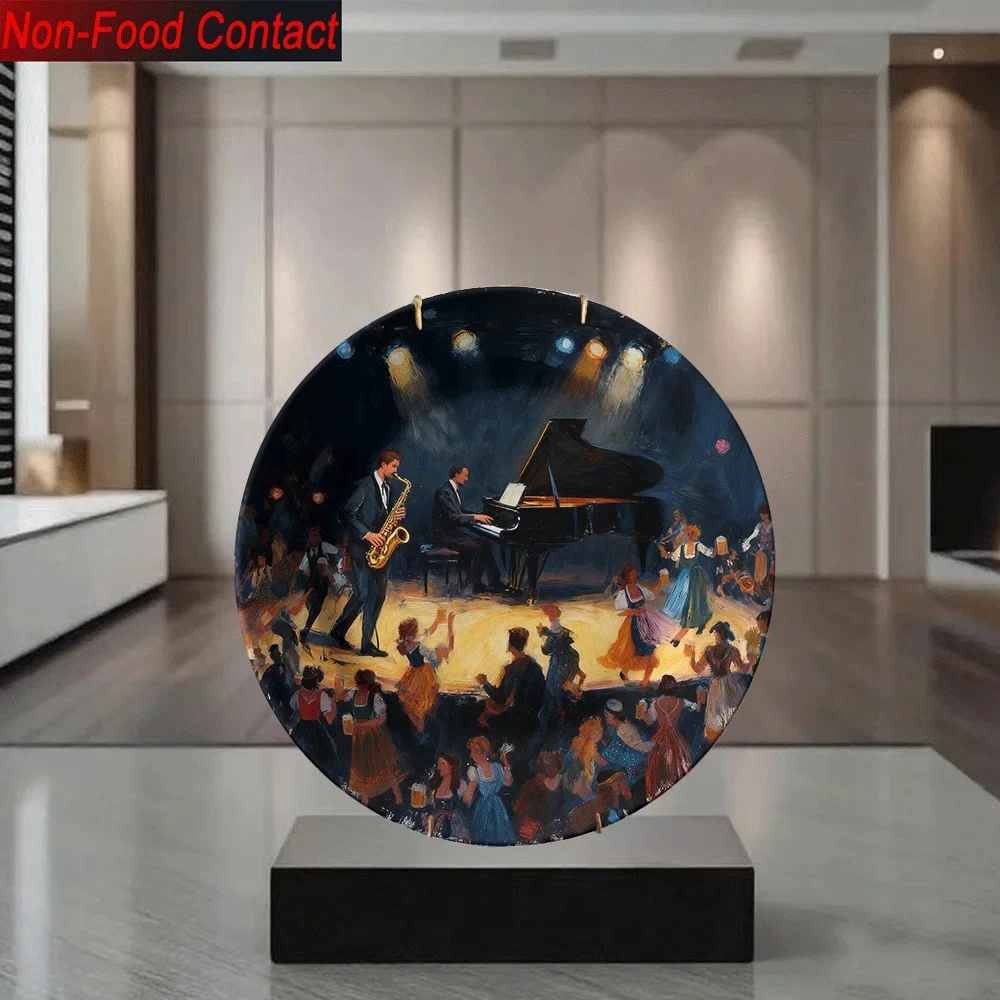1pc Jazz Band Music-Themed Ceramic Decorative Plate - Saxophone & Piano Jazz Musicians Round Wall/Table Art for Home, Non-Food
