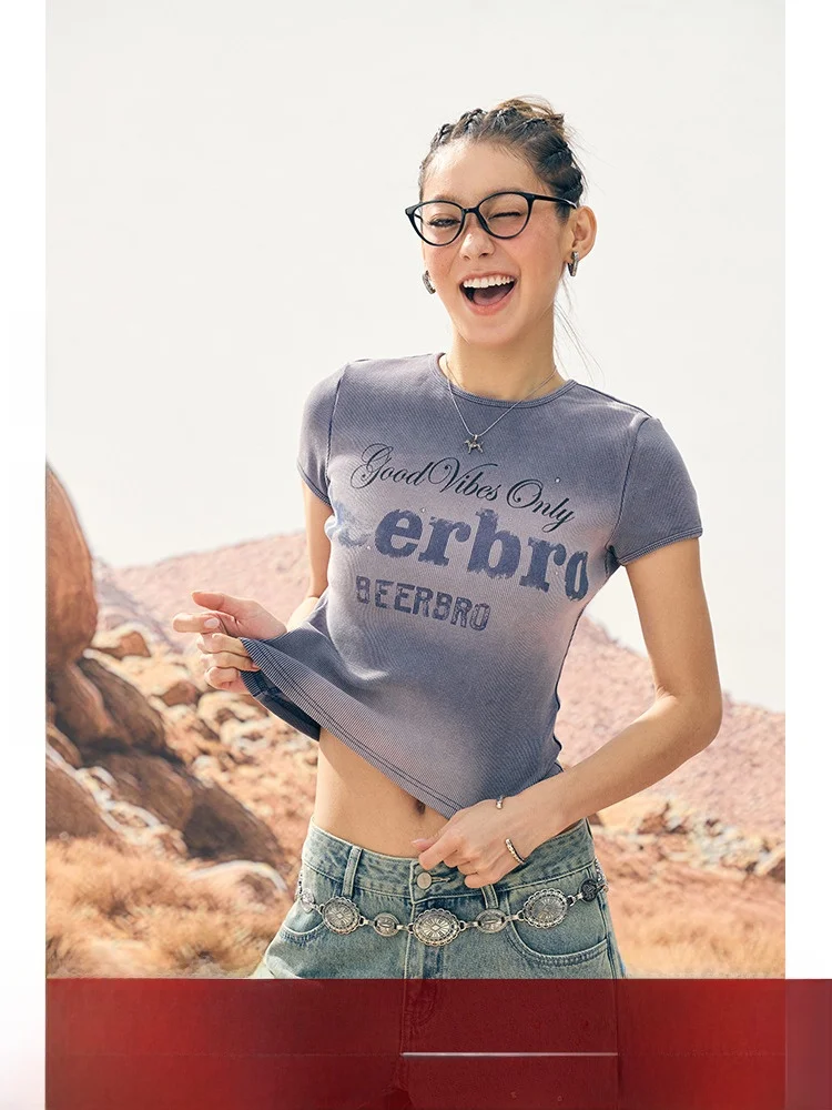 

Женская футболка BeerBro Slim Fit с коротким рукавом, градиентным эффектом, стразами, в уличном стиле, из смесового хлопка и полиэстера, летний топ