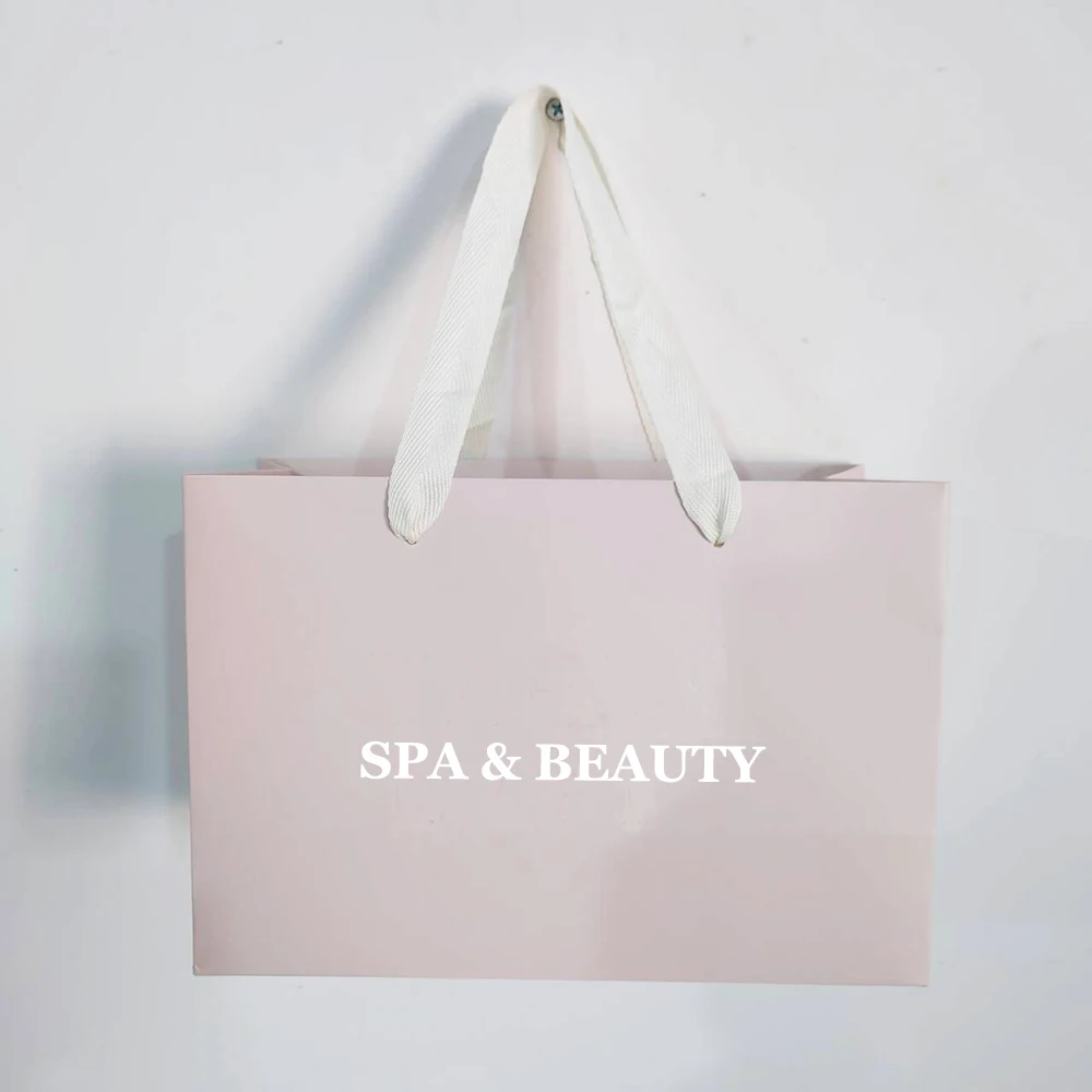 Venta al por mayor, 500 unids/lote, bolsas de compras de papel de lujo de alta gama con mango de cinta, personaliza tu propio logotipo impreso para joyería de mujer