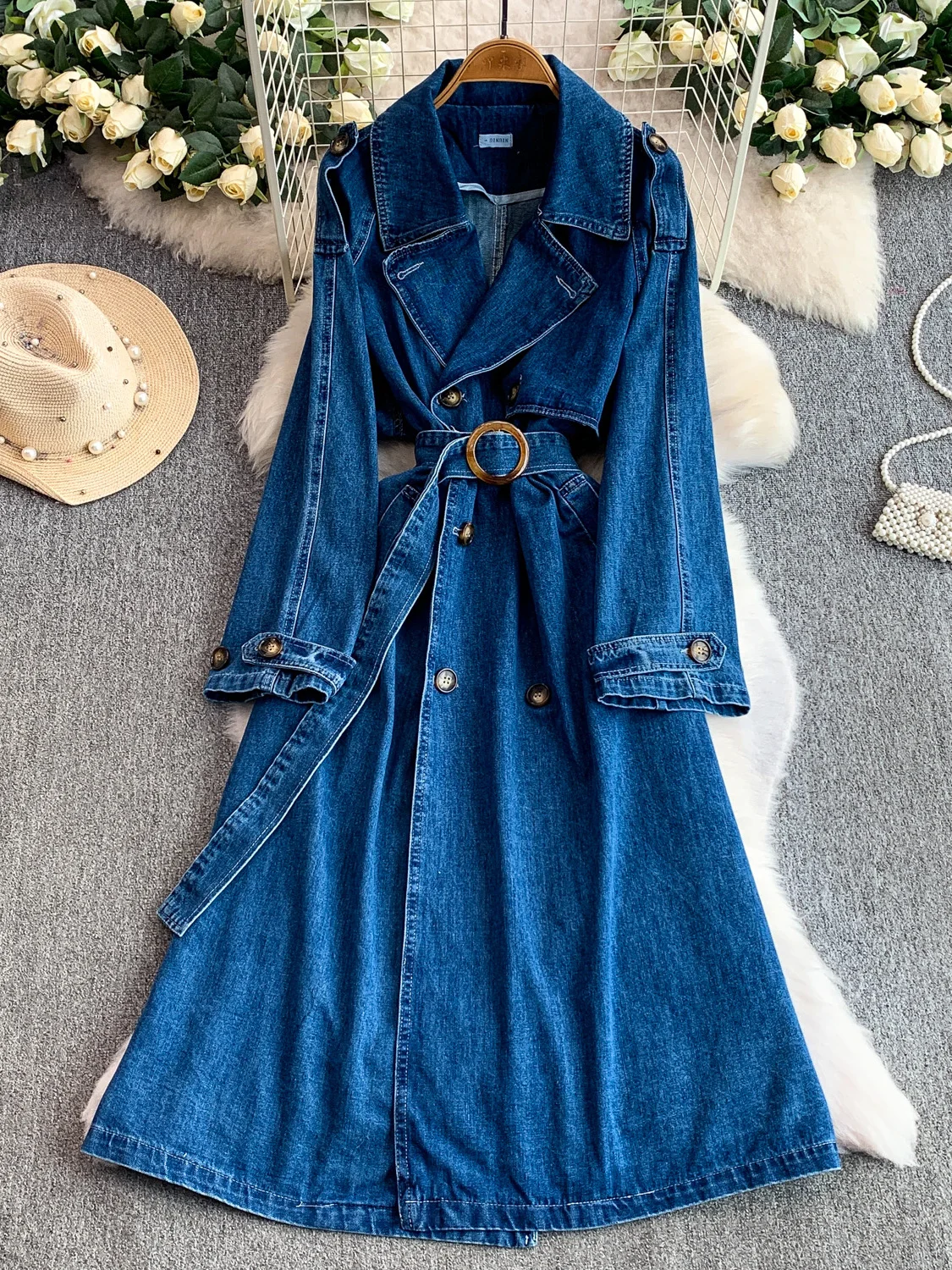 

Ретро-юбка женская джинсовая 2026 весна-осень, на двух пуговицах, приталенная, длиной до колена, А-силуэт, с завышенной талией и поясом-завязкой