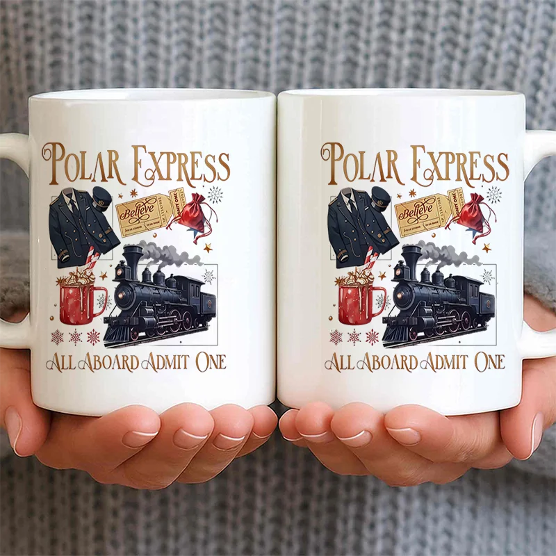 Polar Express Train Locomotive Ticket Uniform Pattern Ceramic Coffee Mug 11oz 350ml Personalized Custom Colorful Print Cute Aest