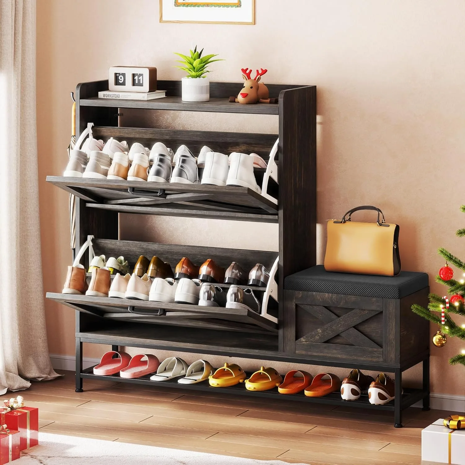 Bauernhaus-Schuhschrank mit Schuhbank, Schuhaufbewahrung im Eingangsbereich mit 2 Klappschubladen für 16 Paare, schmaler, schmaler Schuhschrank