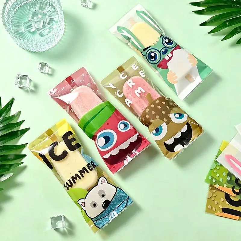 ~100Pcs Cartoon Ice Cream Packaging Bag Homemade Popsicle Disposable Plastic Popsicle Protective Cover Storage Sealing Bag DIY