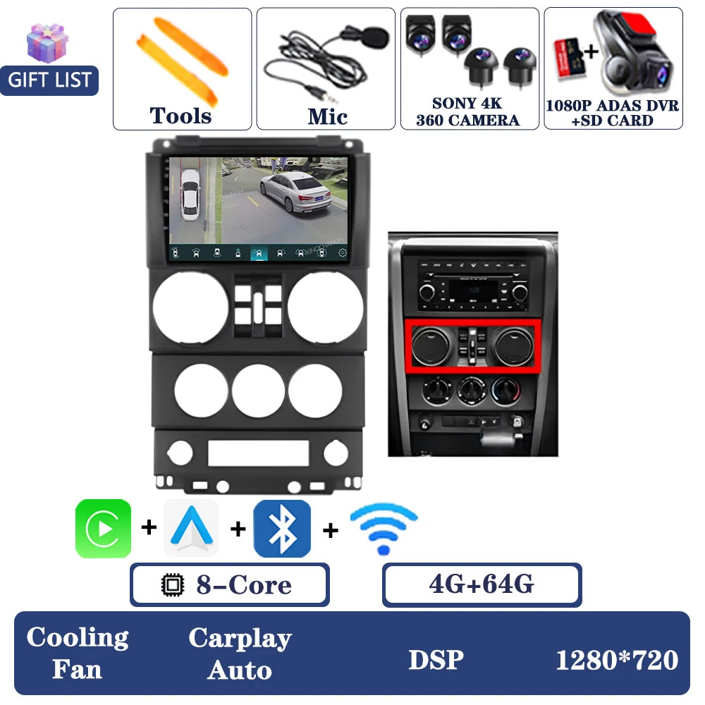 Android 16 autoradio voor Jeep Wrangler 3 JK 2008 - 2010 QLED multimediasysteem videospeler 2DIN Qualcomm 4G LTE 5G WIFI BT GPS