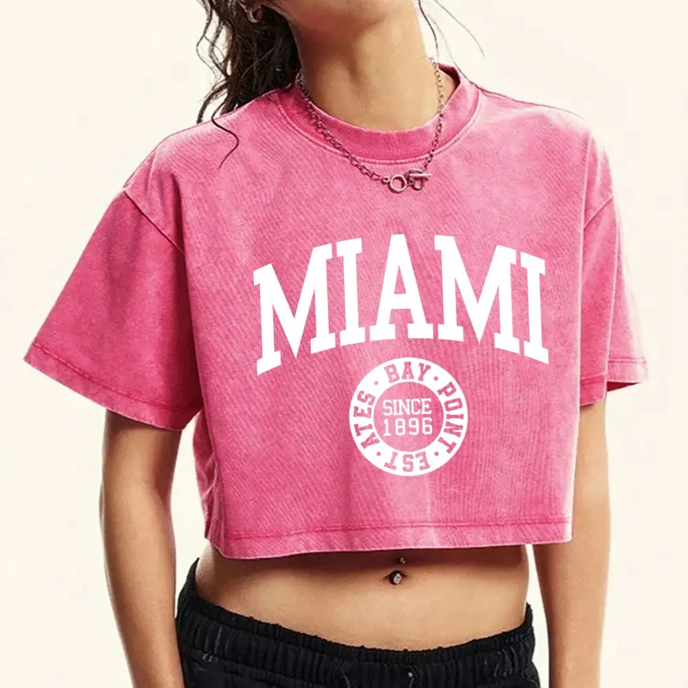 Summer Women'S Cotton Washed T-Shirts Distressed Regular Fit Crop Tops Miami, Usa Printing Short Sleeve Casual Female Clothes