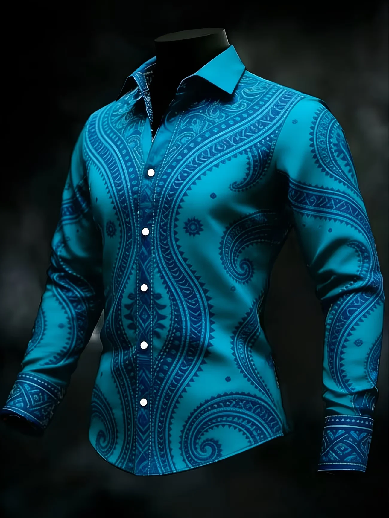 New peacock blue retro paisley vortex pattern men's long sleeved shirt slim fit business casual shirt