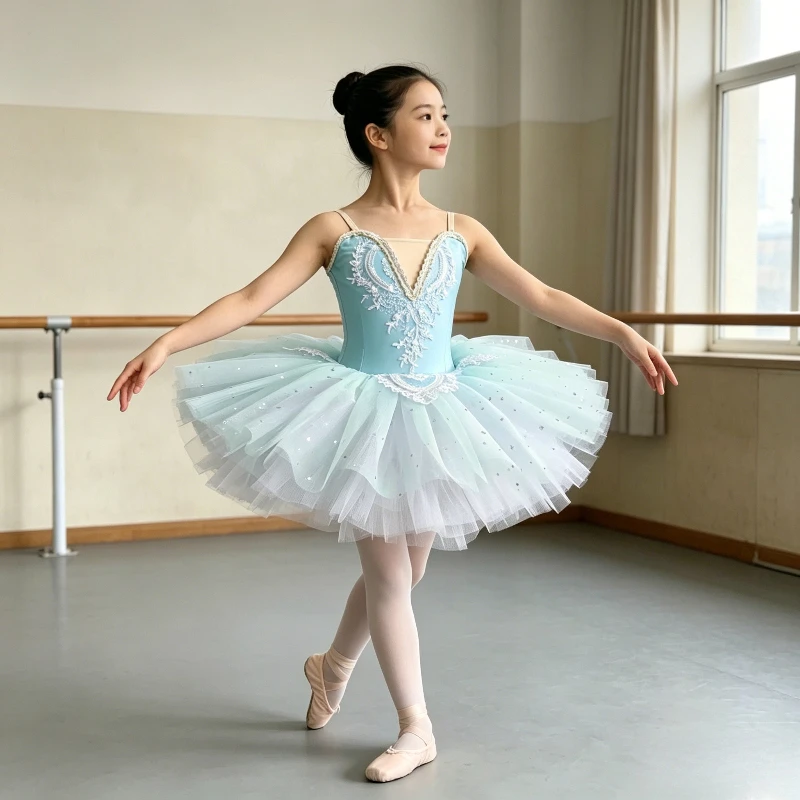 Girls Mint Green Ballet Tutu Dress Star Tulle Lace Pearl Sleeveless Performance Costume For Kids Princess Dresses Dancewear