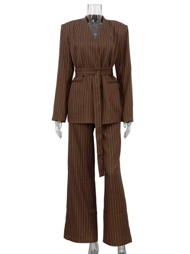 

Костюмные брюки в полоску с v-образным вырезом и поясом, комплект из двух предметов, модные комплекты с длинными рукавами, осень 2023, лоскутные женские брюки