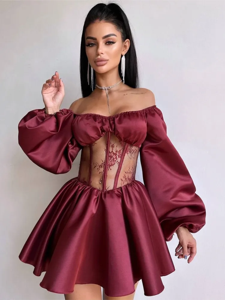 Autunno Y2k Abiti da donna Sexy Club Abito aderente in pizzo nero Manica lunga con scollo a V Mini abito Party Club Abiti da sera 2025