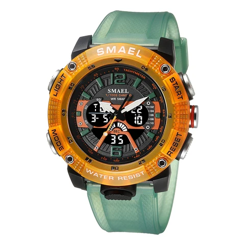 Мужские спортивные часы SMAEL 8058 цифровые зелёно-оранжевые