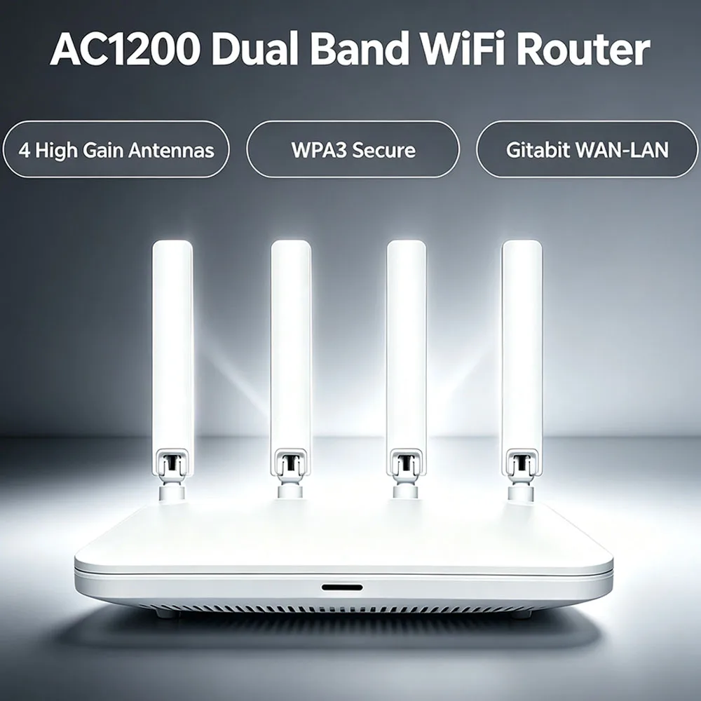 Dual Band 2.4G 5.8GHz AC1200 Smart Home WiFi Router Gigabit WAN‑LAN WiFi Repeater Booster Extender MIMO‑OFDMA WPA3 4 Antennas