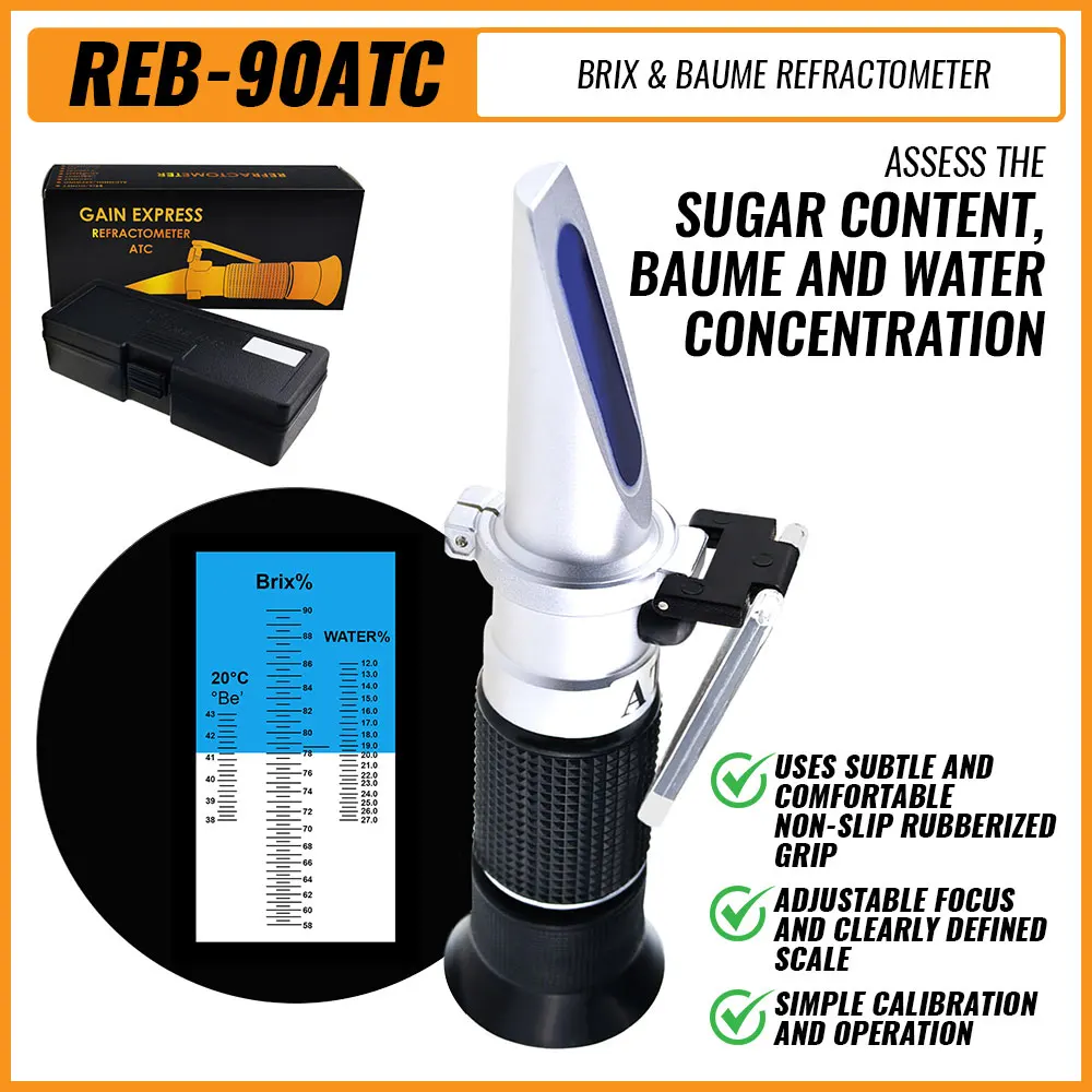 

3in1 Honey Refractometer 58-90%/12-27%/38-43Be' Brix Moisture Baume Tester Meter ATC Test Kit With Calibration Oil And Block