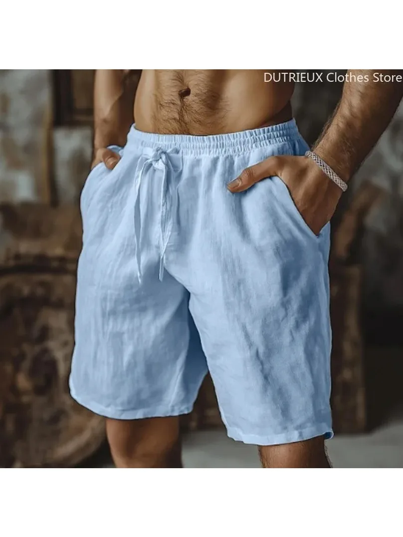 

Summer Mens Solid Color Cotton Linen Beach Shorts Drawstring Outdoor Loose Short Pants Men Vintage Casual Vacation Bottoms Man