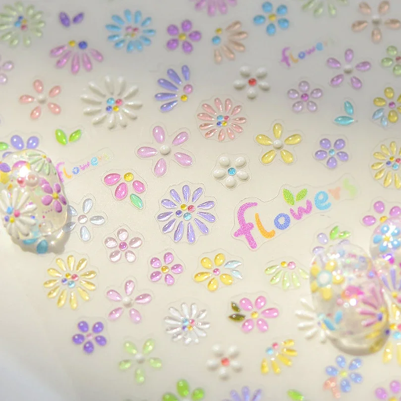 Fantasy Jelly Daisy Flowers Rhinestones Lily Peony Rose Camellia Cherry Blossom Colorful Spring Nail Art Stickers Manicure Decal