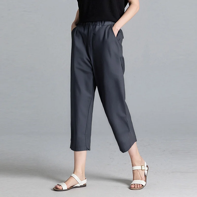 

Cotton Linen Blend Lightweight Breathable Summer Women's Elastic Waist Straight Leg Casual Eighteen Pants L086 Harlan Pants
