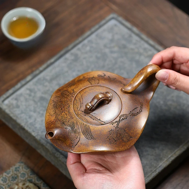 410ml Lotus Leaf Yixing Handmade Purple Clay Teapot, Dragon Bone,raw Ore, Gold Sand,tea Pot, Kung Fu Tea Set