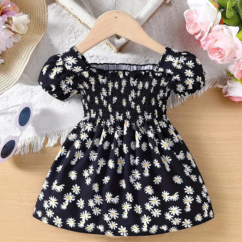 2024 Summer Children Fashion Print Dress Girls Korean Version Style Short Sleeves Small Daisy Dress 0-2Years Baby Princess Dress