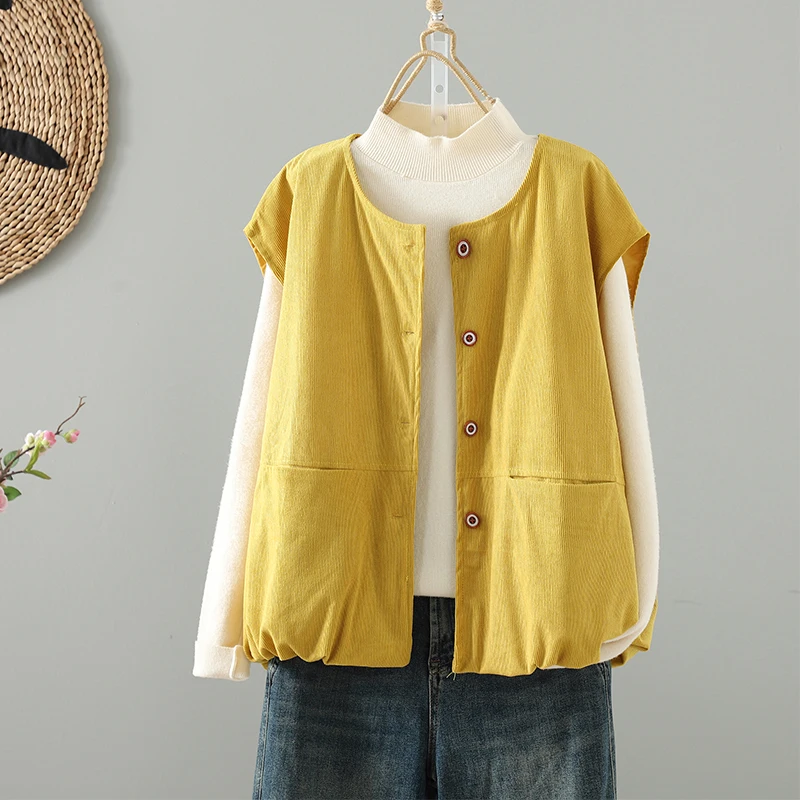 

Ретро японский желтый вельветовый жилет Jaet, женский осенне-зимний многослойный свободный наполнитель, верхняя одежда на одной пуговице