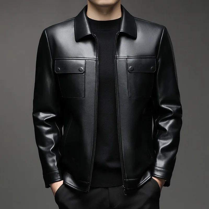 

High-End Men's Fce-Lined Biker Jaet with ket And Collar PU Leather Warm Busin Casual Sle Winter Coat