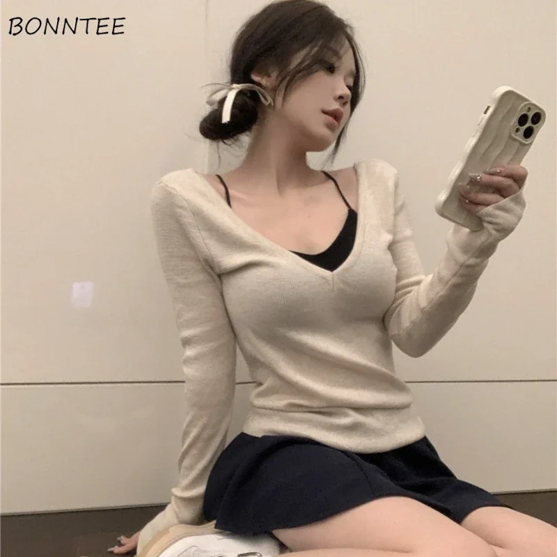 Sexy Women Sets Long Sleeve Knitted Apricot Pullover Tender V-neck Black Camis Korean Style Streetwear Slim Attractive All-match