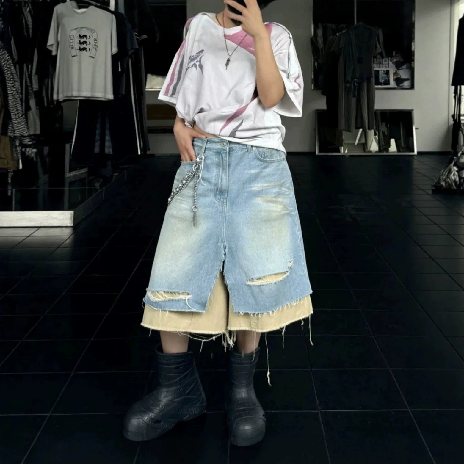 PROJECT G/R Summer Washed Vintage Damaged Fake Two-Piece Patched Loose Denim Shorts - Ins Grailz Protocol Index