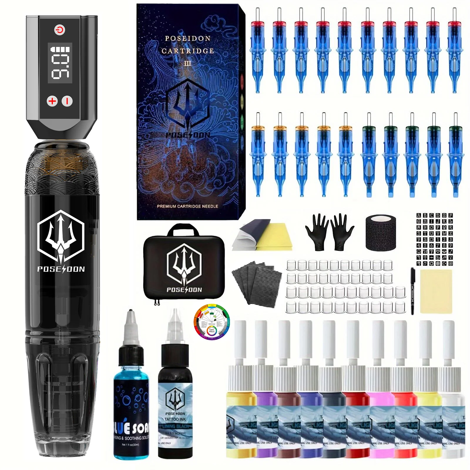 Kit de máquina de tatuaje POSEIDON, Kit de bolígrafo de tatuaje inalámbrico para maquillaje permanente, Kit de tatuaje con 20 agujas para tatuaje, Kit de pistola de tatuaje negra
