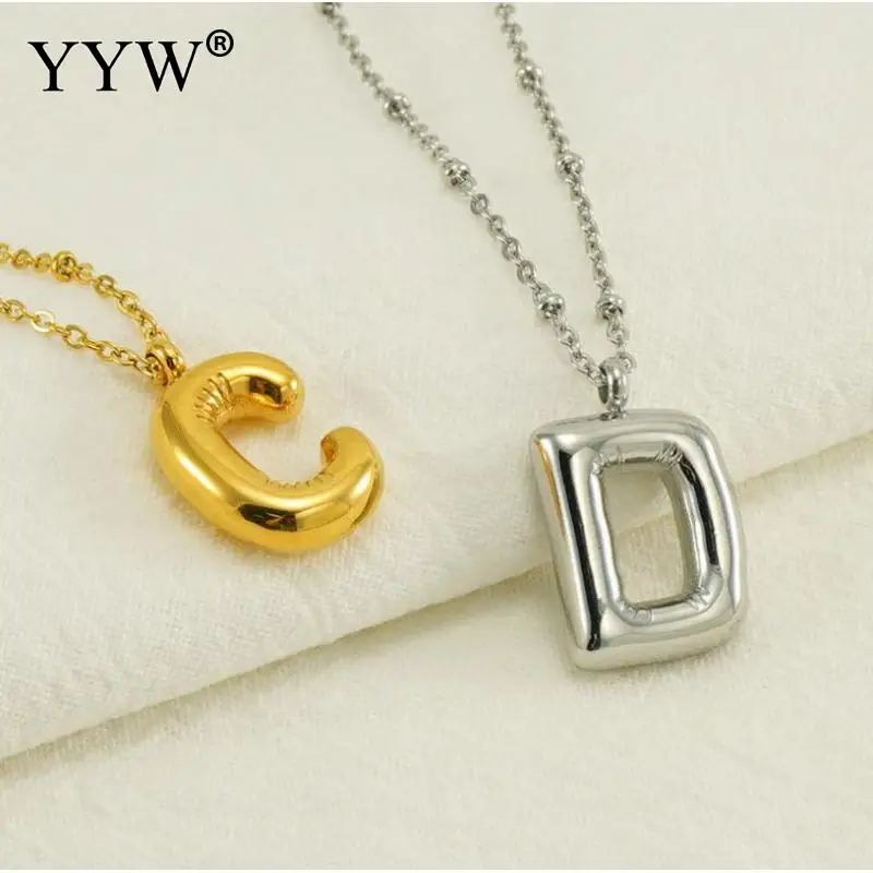 Stainless Steel Alphabet Balloon Bubble Initial Letter Pendant Necklace 45 cm Women Men Trendy Gold Plated Choker Clavicle Chain