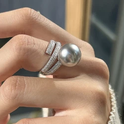 New Design Vintage Luxury Shiny Full Zirconia Adjust Open Pearl Ring for Women Girls Light Luxury Multi-layer Fashion Jewelry