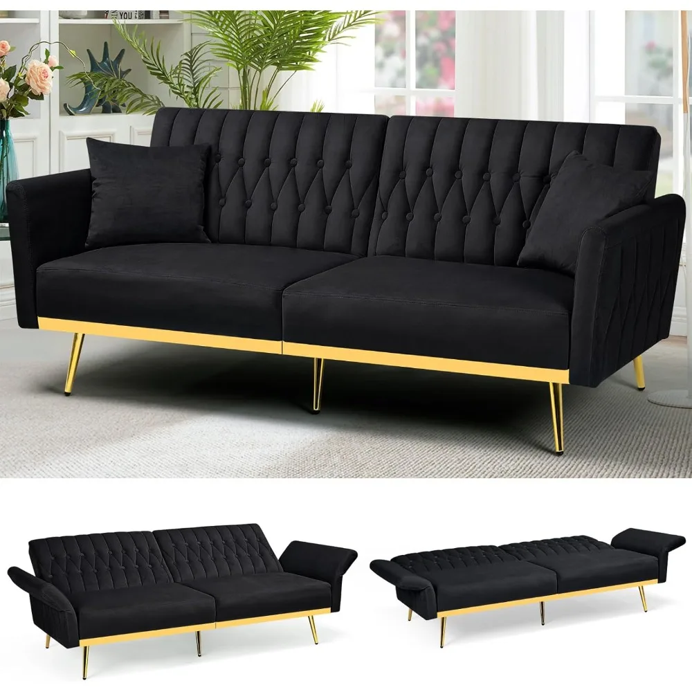 

70” Velvet Futon Sofa Bed with 2 Pillows and Adjustable Armrests, Convertible Sleeper Bed W/Adjustable Backrests, Modern Lovesea