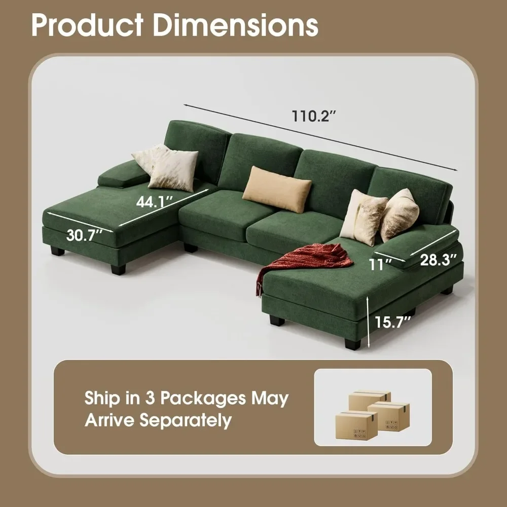 Sectional Couches for Living Room, U-Shaped Sofa Couch with Linen Fabric, 4 Seat Sofa Set with Double Chaise