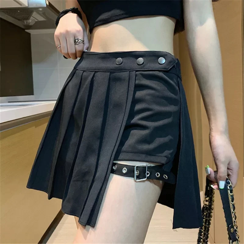 

Sexy Gothic Women's Dress High Waist Irregular Pleated Punk Black Summer Dress Girls' Dress Belt Safety Pants Korean Style