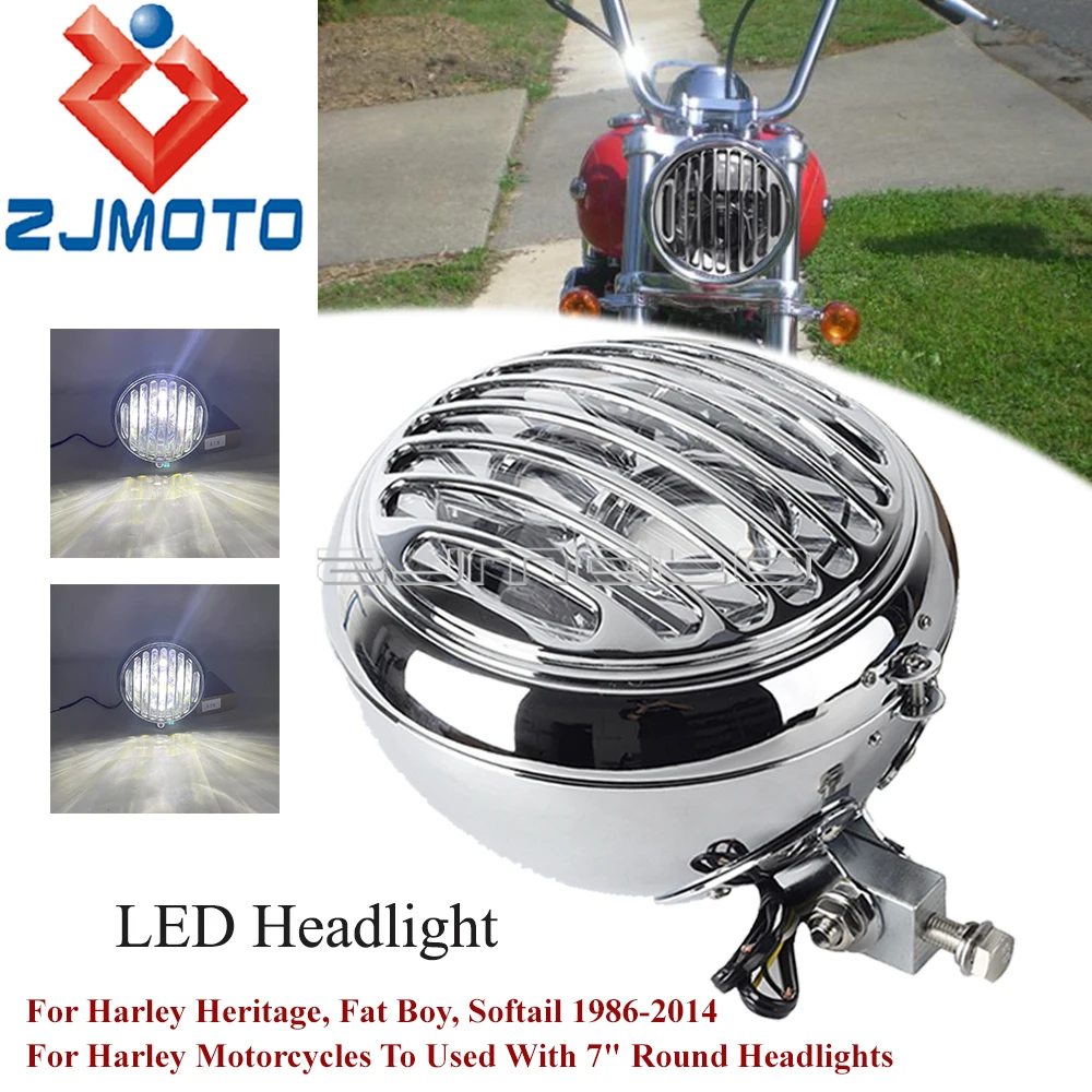 

7" Motorcycle LED Headlight Grill Round E9 Hi/Lo Beam Headlamp For Harley Heritage Fat Boy Softail 1986-2014 Dyna Chopper Bobber