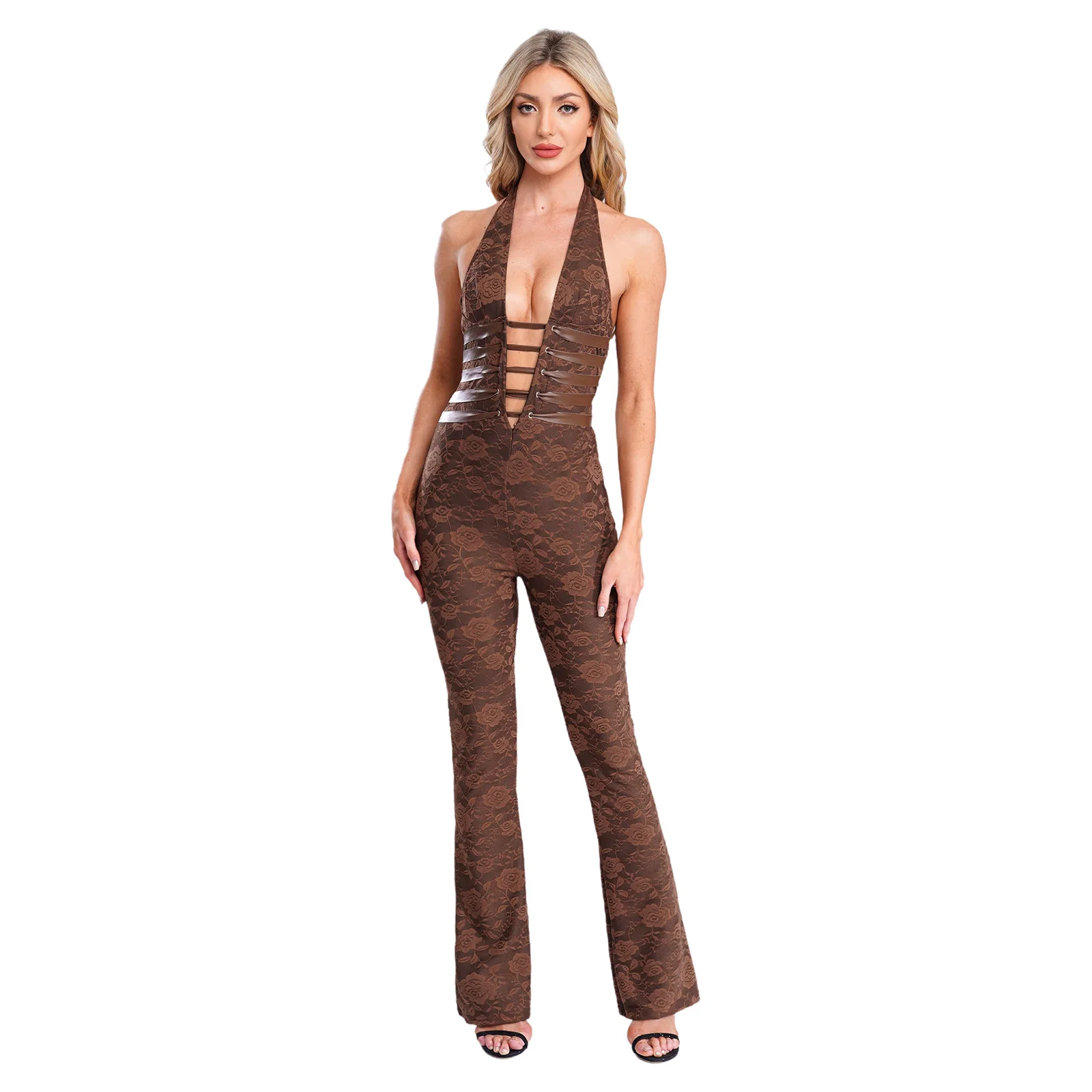 Womens Floral Lace Rompers Halter Deep V Neck Lace-up Wide Leg Pants Streetwear One Piece Jumpsuit Nightclub Woman's Clothes