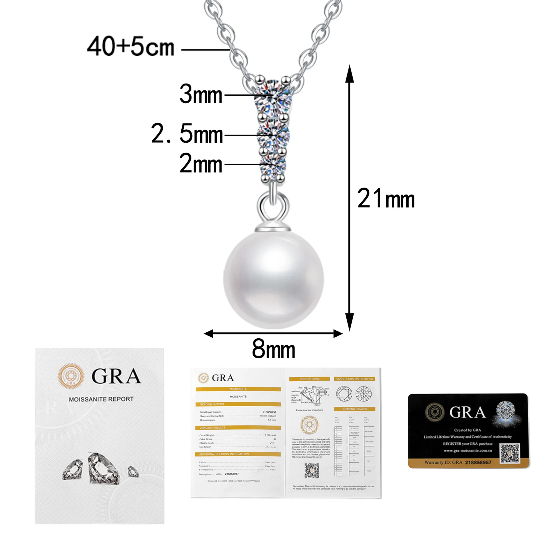 LioraGem Platinum PT950 Moissanite 8mm Pearl Necklace, Vintage Temperament Niche Diamond-studded Clavicle Chain for Women